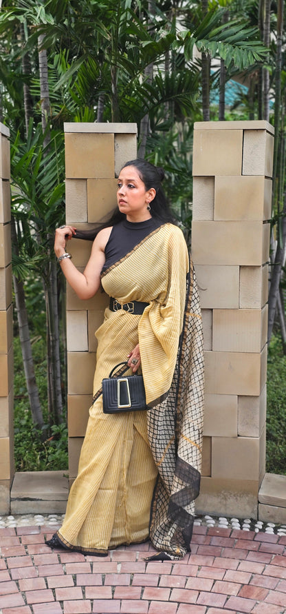 Yellow and black stripes handblock chanderi saree