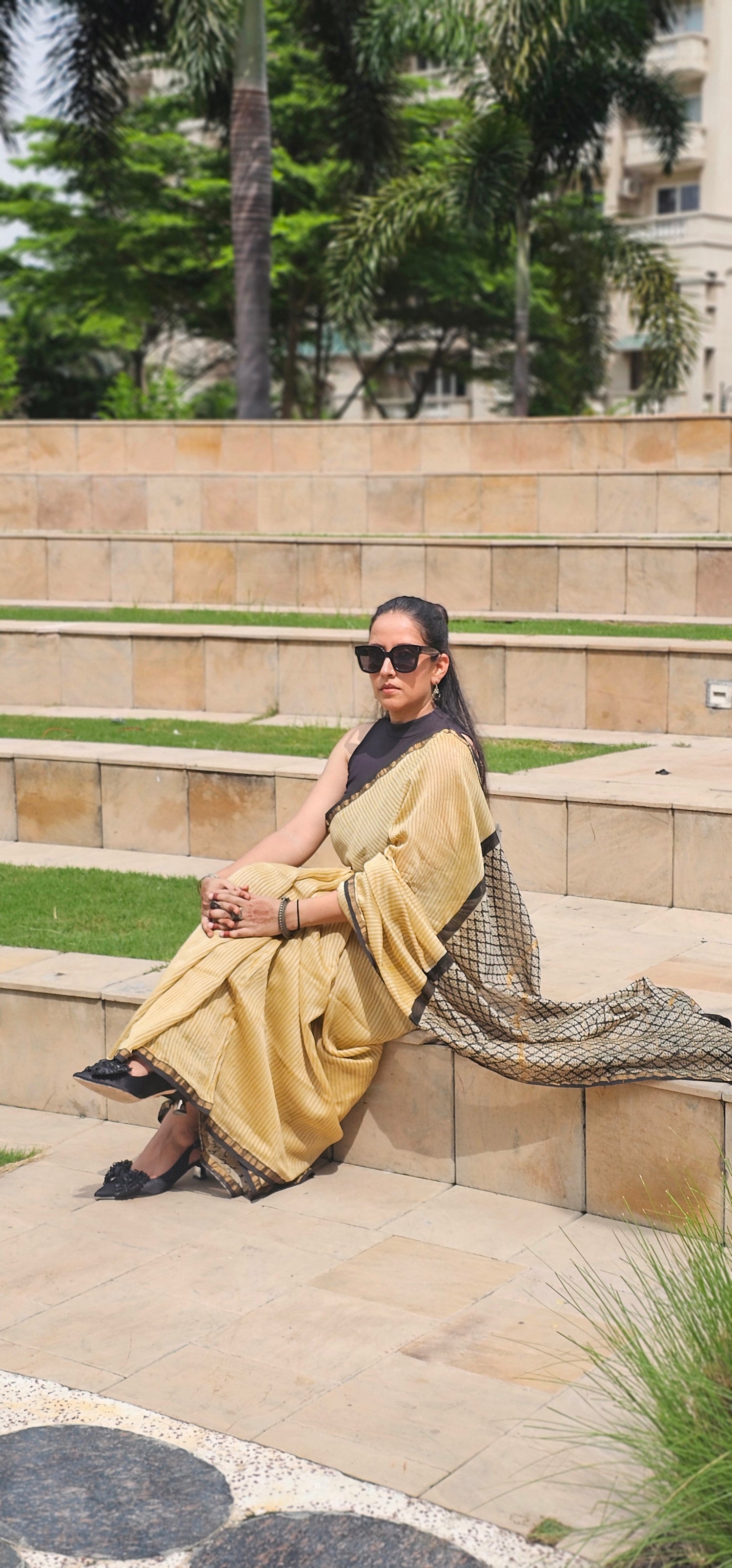 Yellow and black stripes handblock chanderi saree