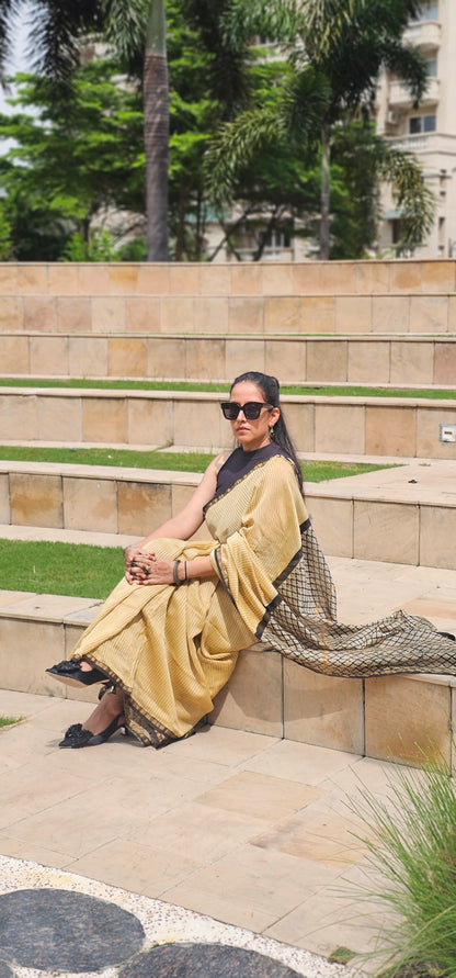 Yellow and black stripes handblock chanderi saree