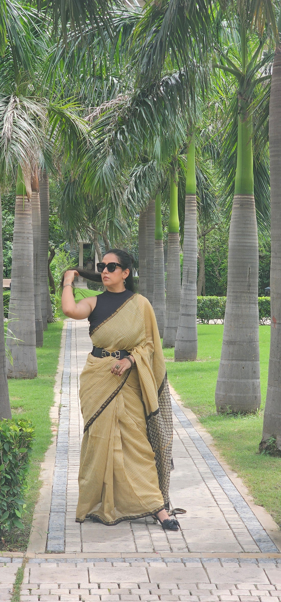 Yellow and black stripes handblock chanderi saree