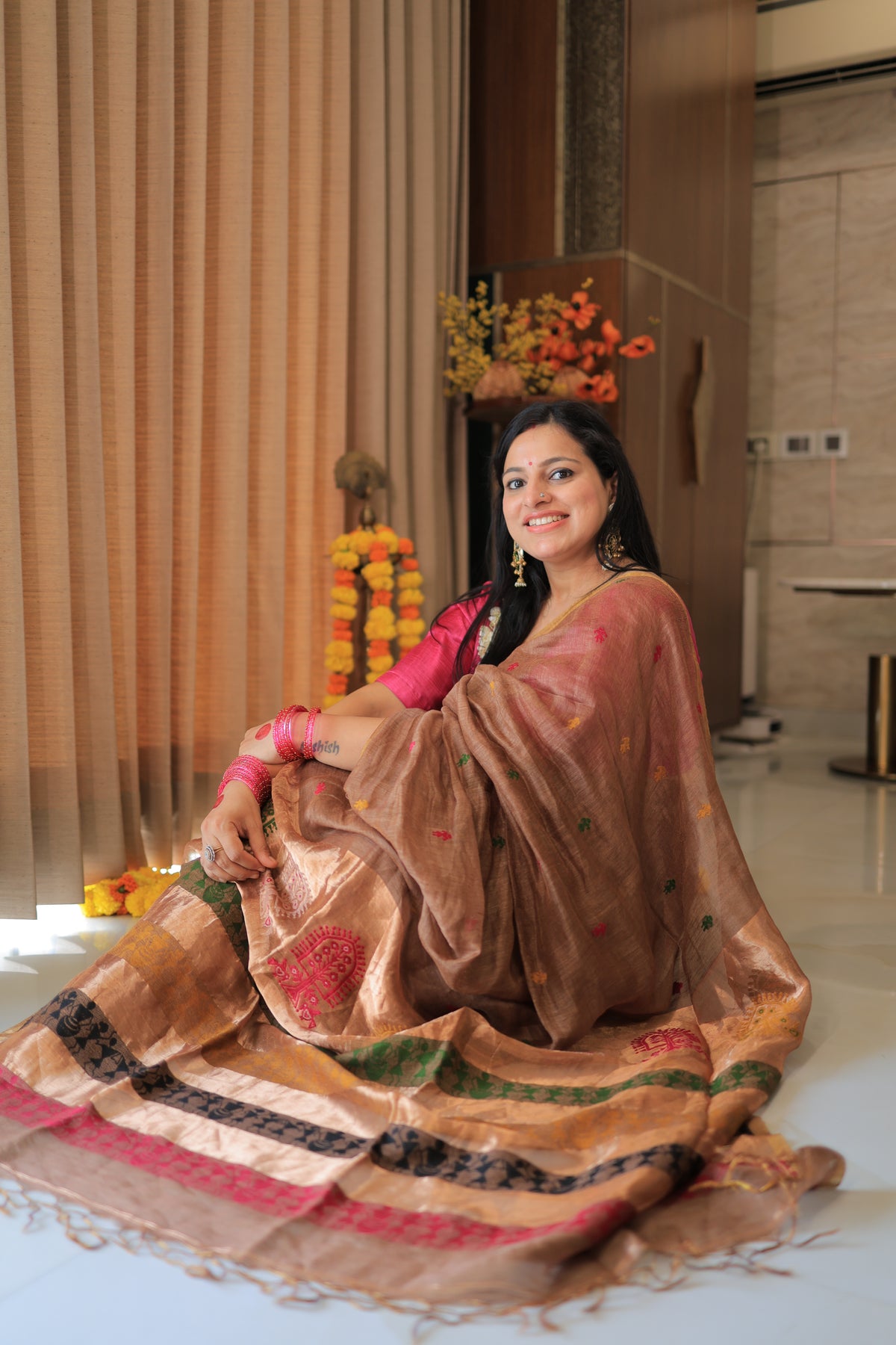 Mocha Brown Madhubani Motif Silk Linen Saree