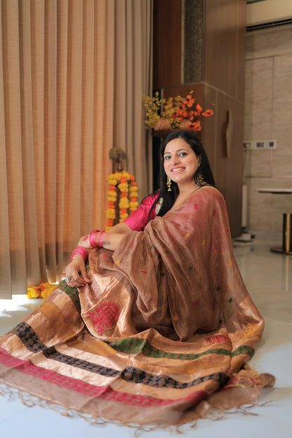 Mocha Brown Madhubani Motif Silk Linen Saree