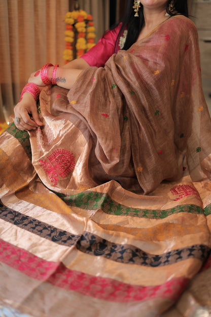 Mocha Brown Madhubani Motif Silk Linen Saree
