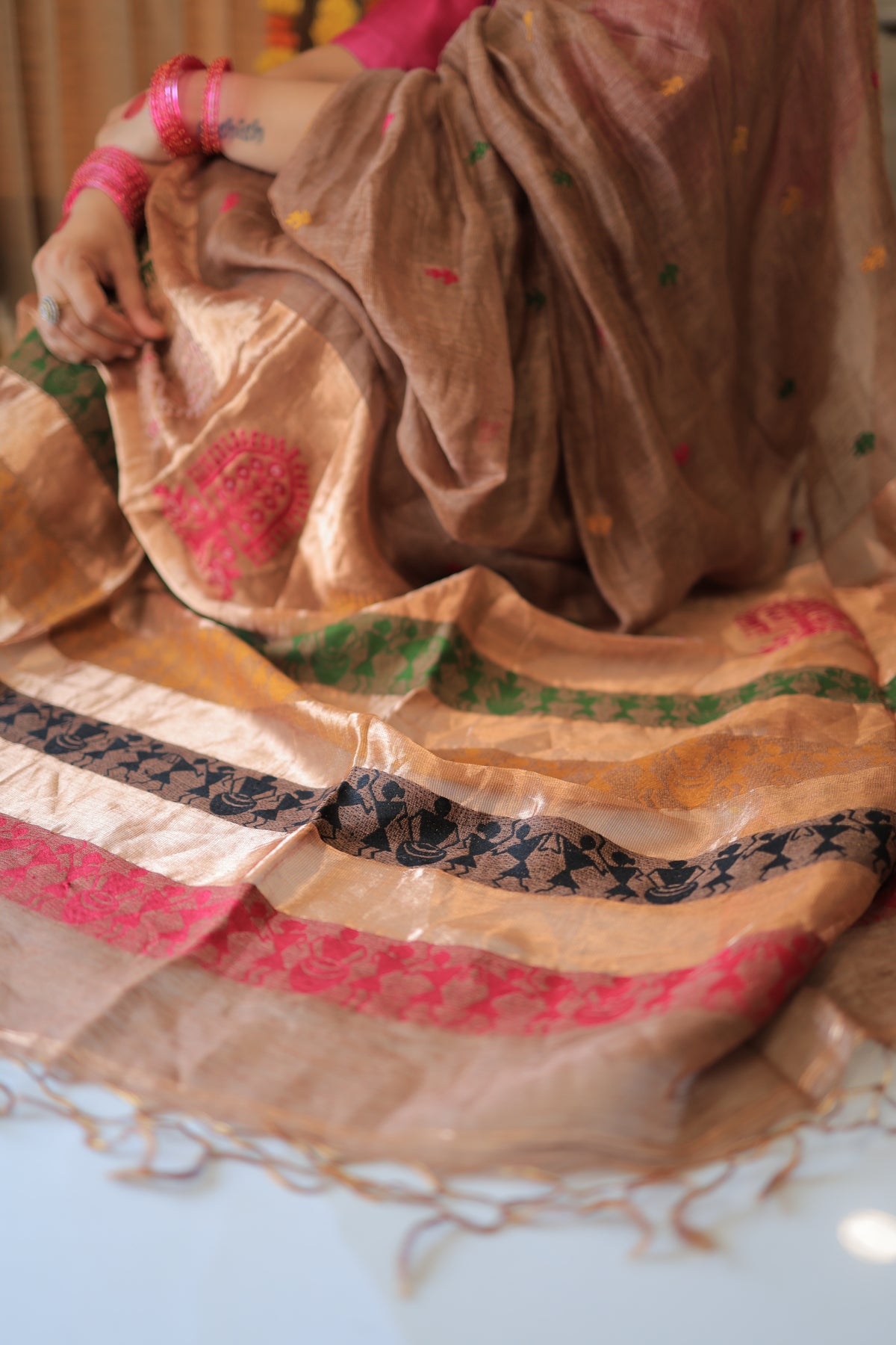 Mocha Brown Madhubani Motif Silk Linen Saree