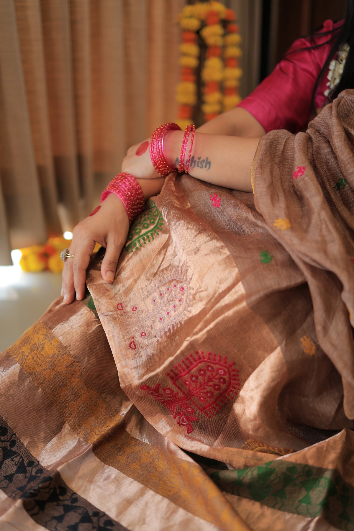 Mocha Brown Madhubani Motif Silk Linen Saree