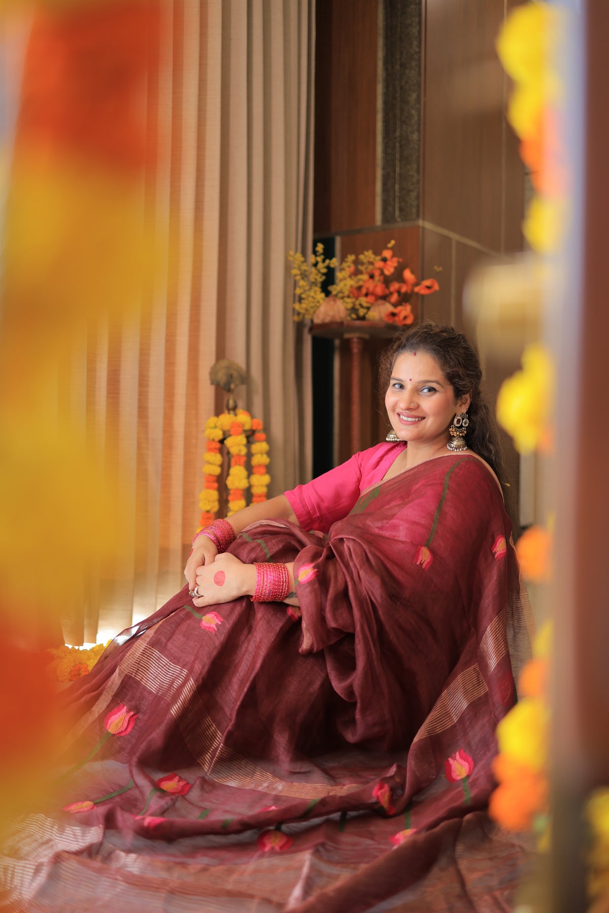 Wine Lotus Motif Silk Linen Saree