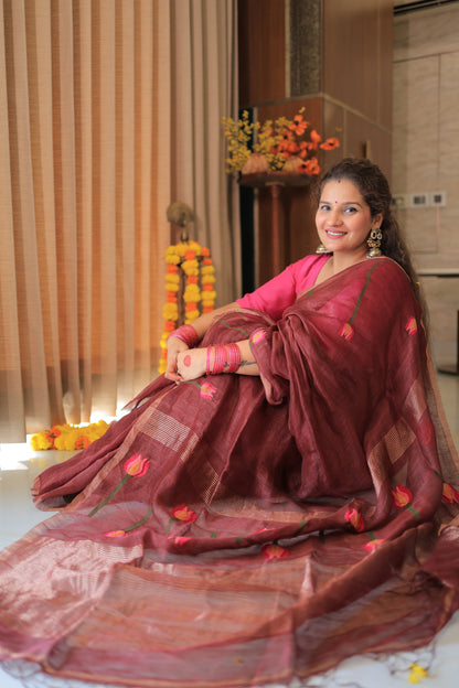 Wine Lotus Motif Silk Linen Saree