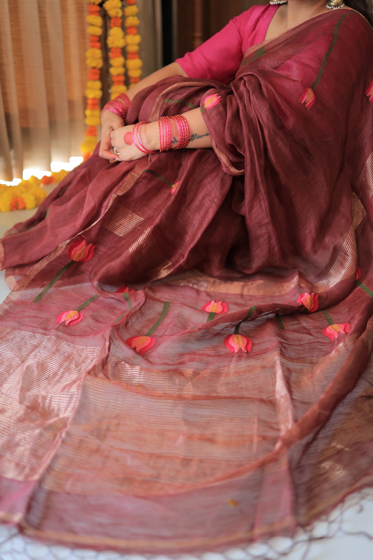 Wine Lotus Motif Silk Linen Saree