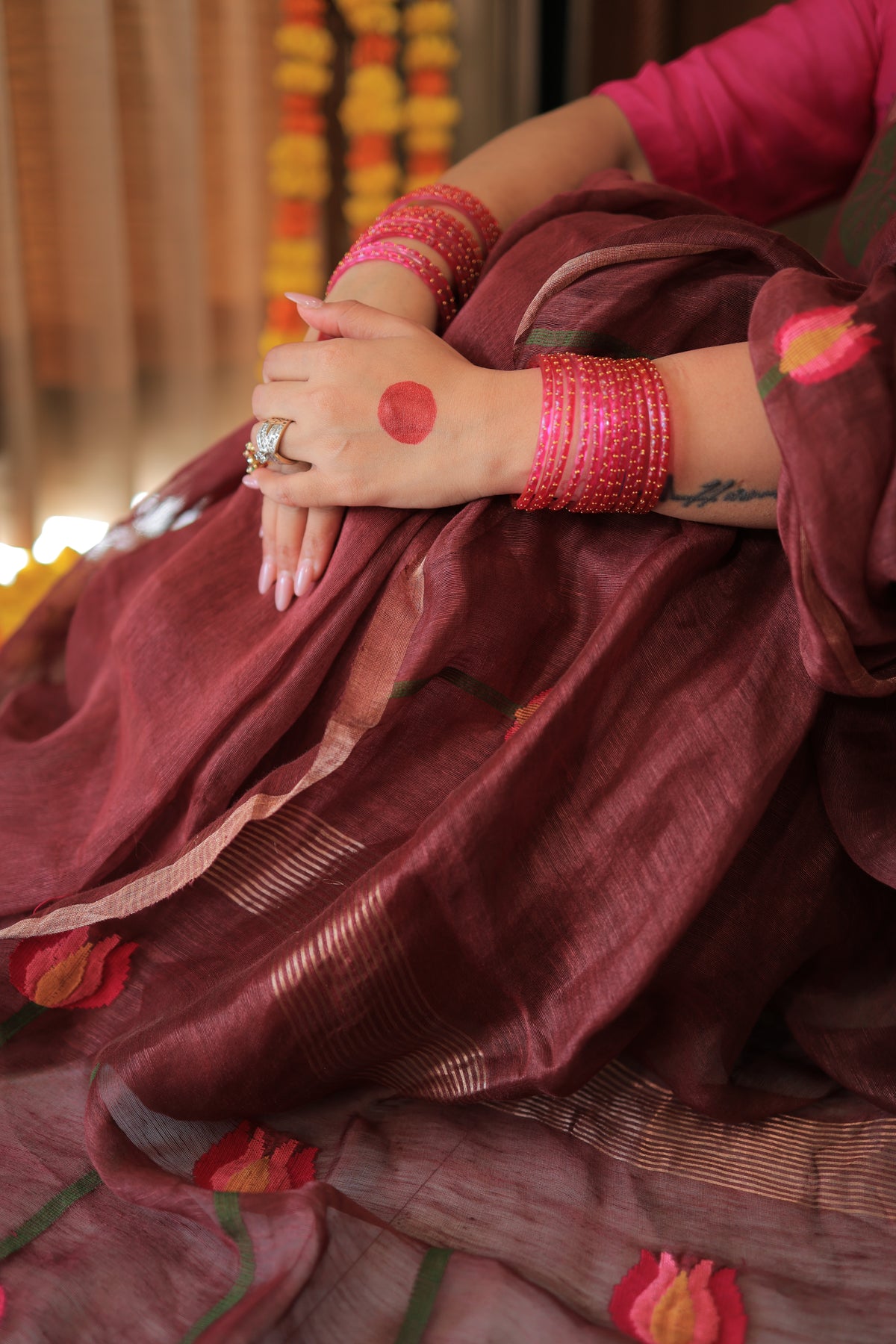 Wine Lotus Motif Silk Linen Saree