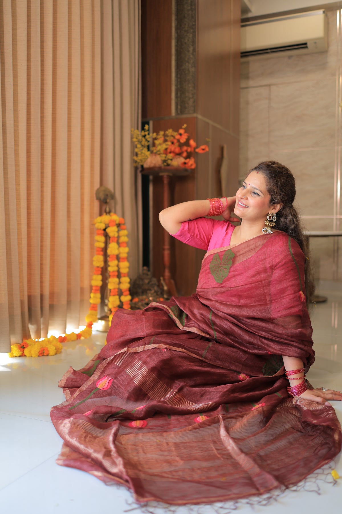Wine Lotus Motif Silk Linen Saree