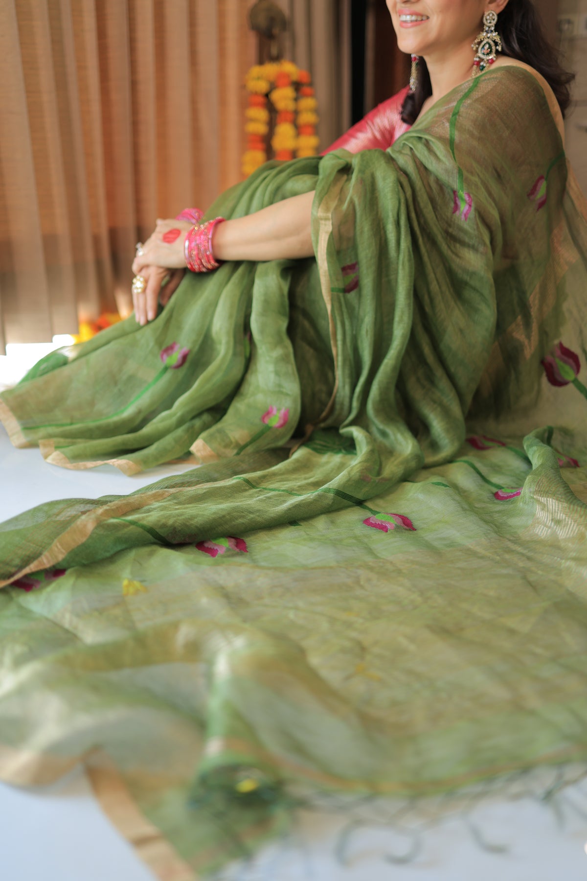 Green Lotus Motif Silk Linen Saree