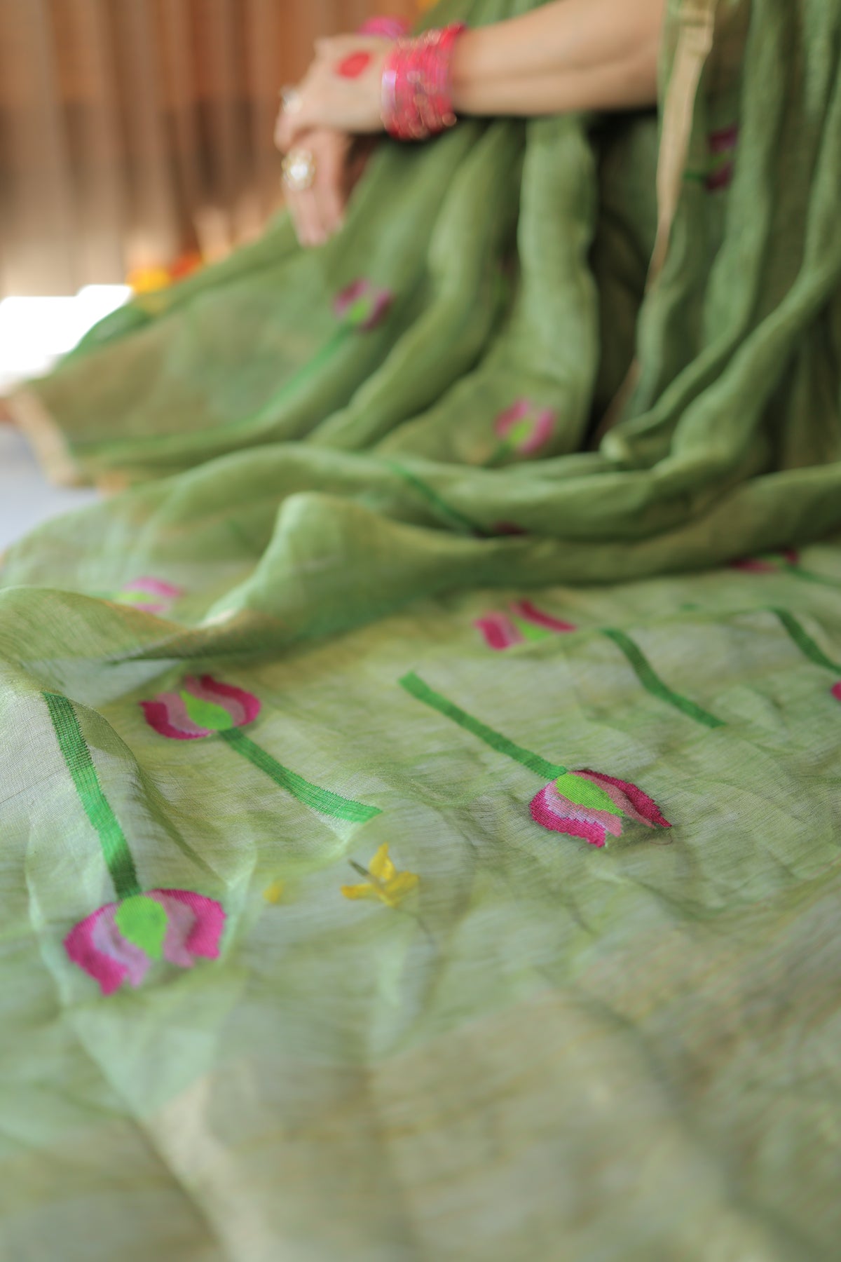 Green Lotus Motif Silk Linen Saree