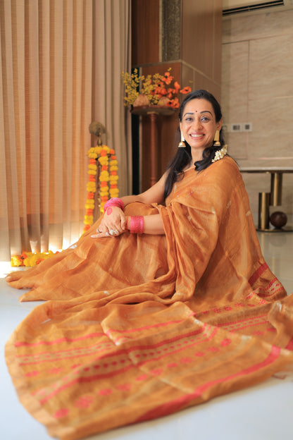 Burnt Orange Flower Zari Motif Silk Linen Saree