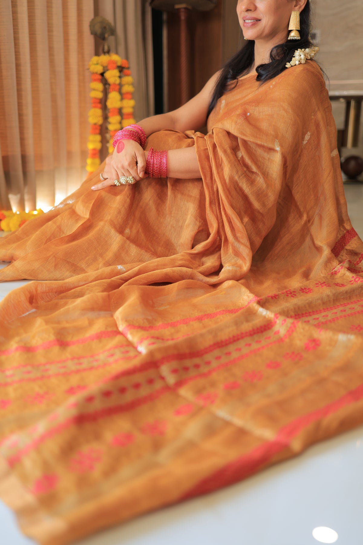 Burnt Orange Flower Zari Motif Silk Linen Saree