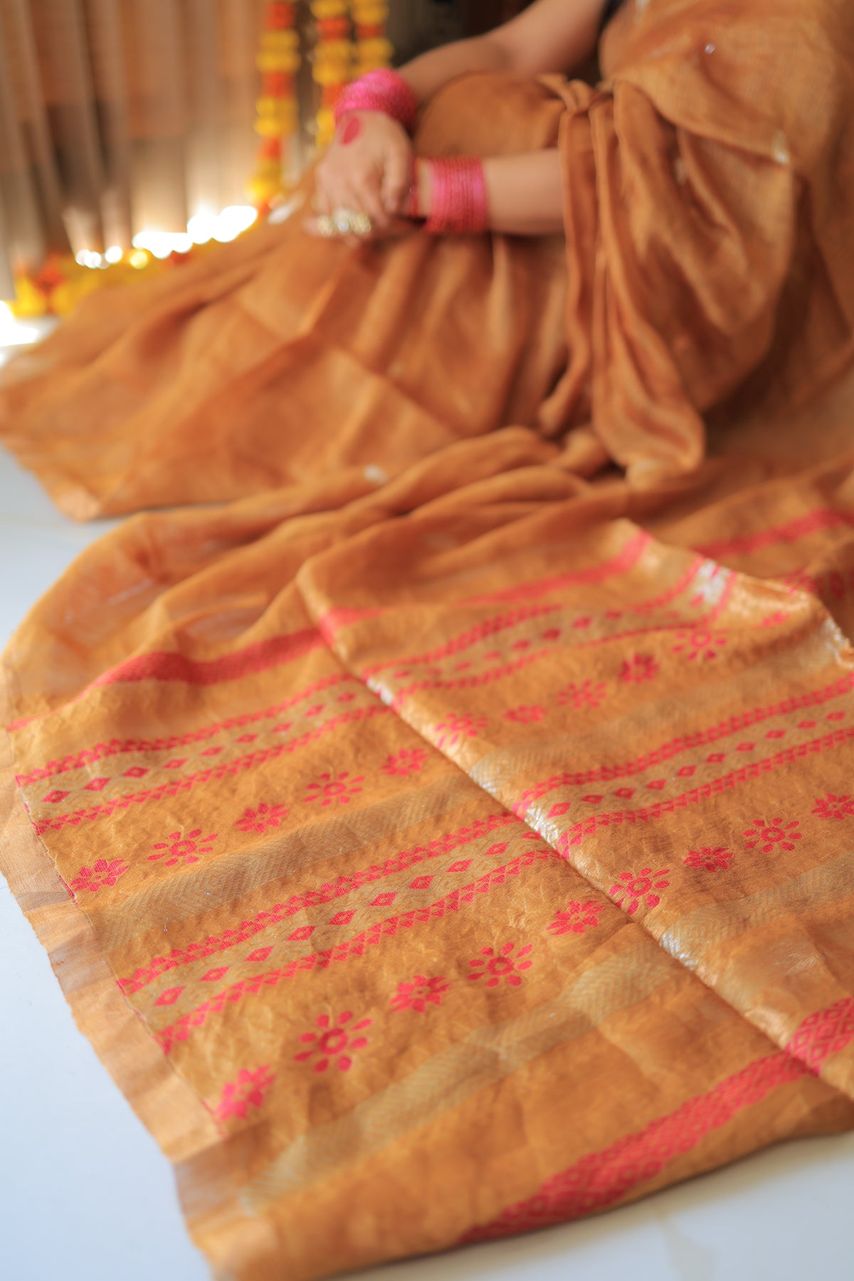 Burnt Orange Flower Zari Motif Silk Linen Saree