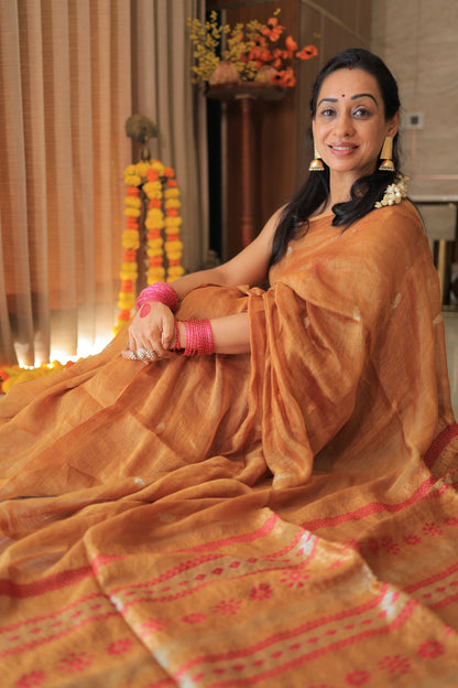 Burnt Orange Flower Zari Motif Silk Linen Saree
