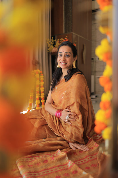Burnt Orange Flower Zari Motif Silk Linen Saree