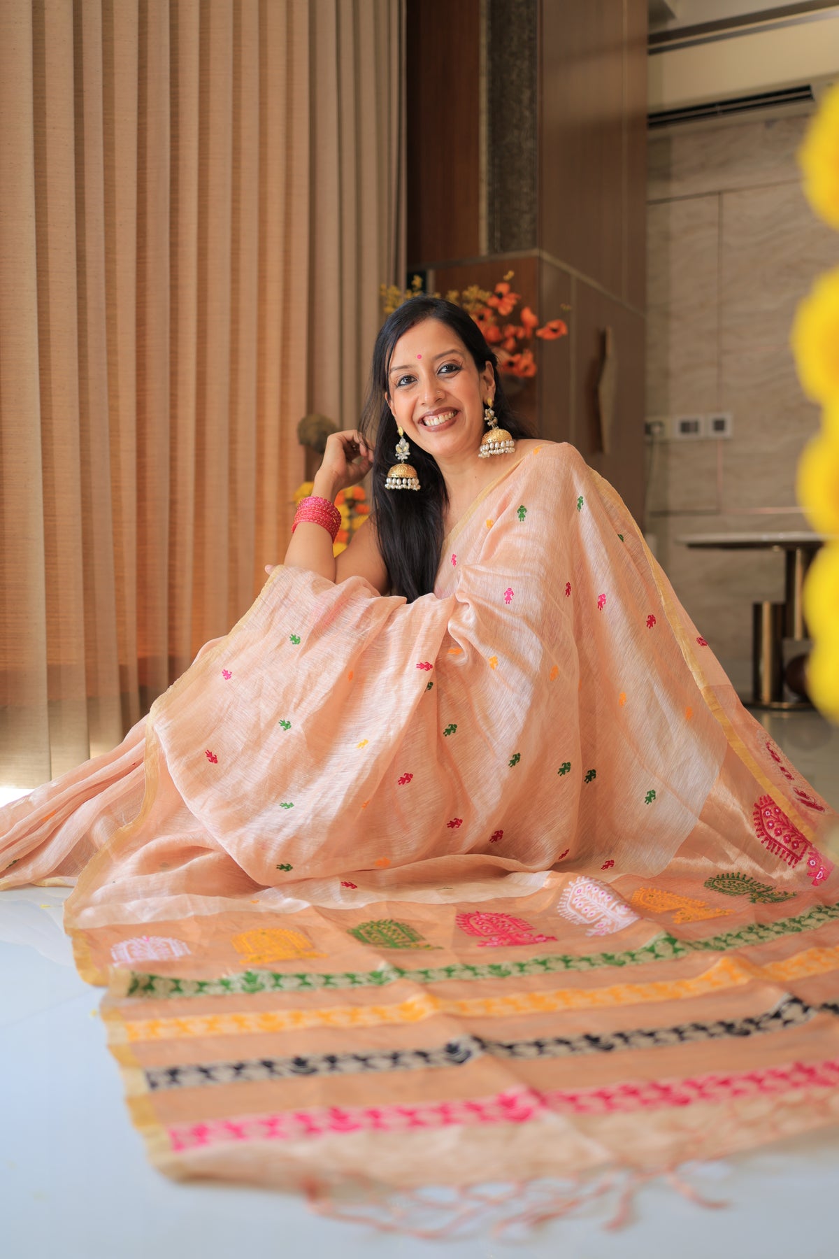Blush Peach Madhubani Motif Silk Linen Saree