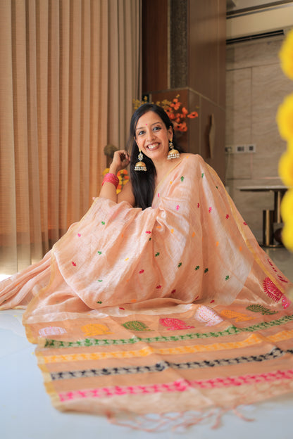 Blush Peach Madhubani Motif Silk Linen Saree