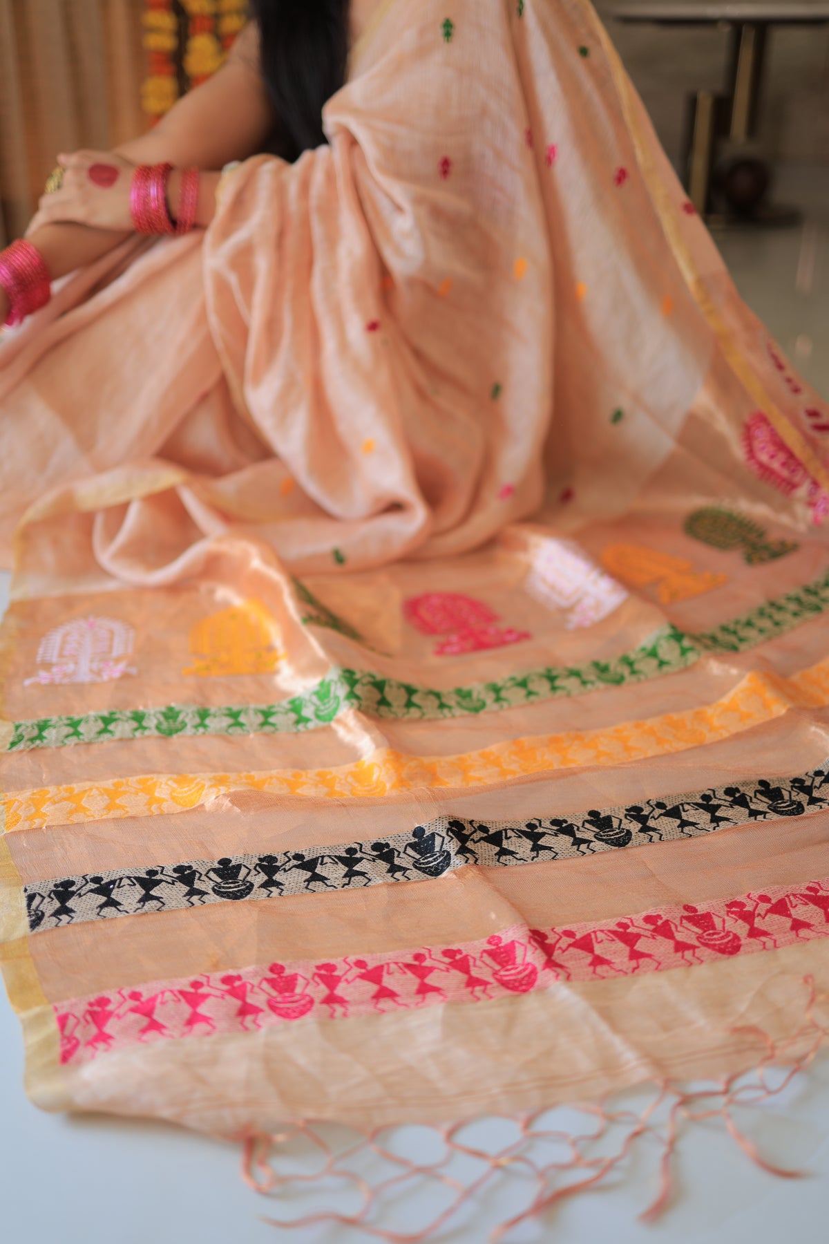Blush Peach Madhubani Motif Silk Linen Saree