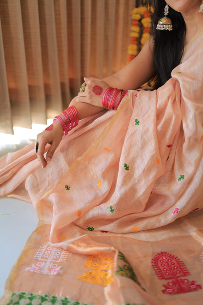 Blush Peach Madhubani Motif Silk Linen Saree
