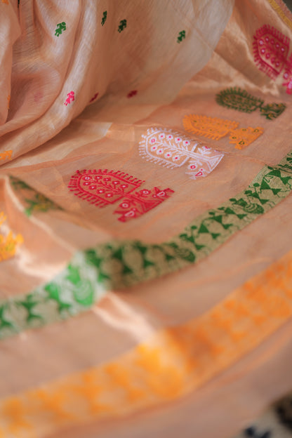 Blush Peach Madhubani Motif Silk Linen Saree