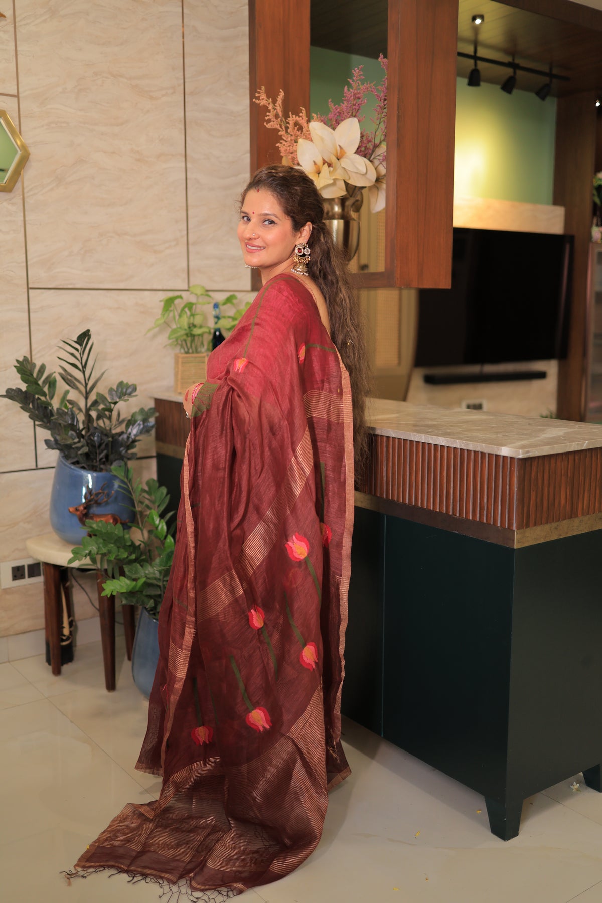 Wine Lotus Motif Silk Linen Saree