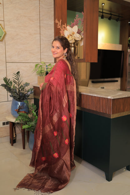 Wine Lotus Motif Silk Linen Saree
