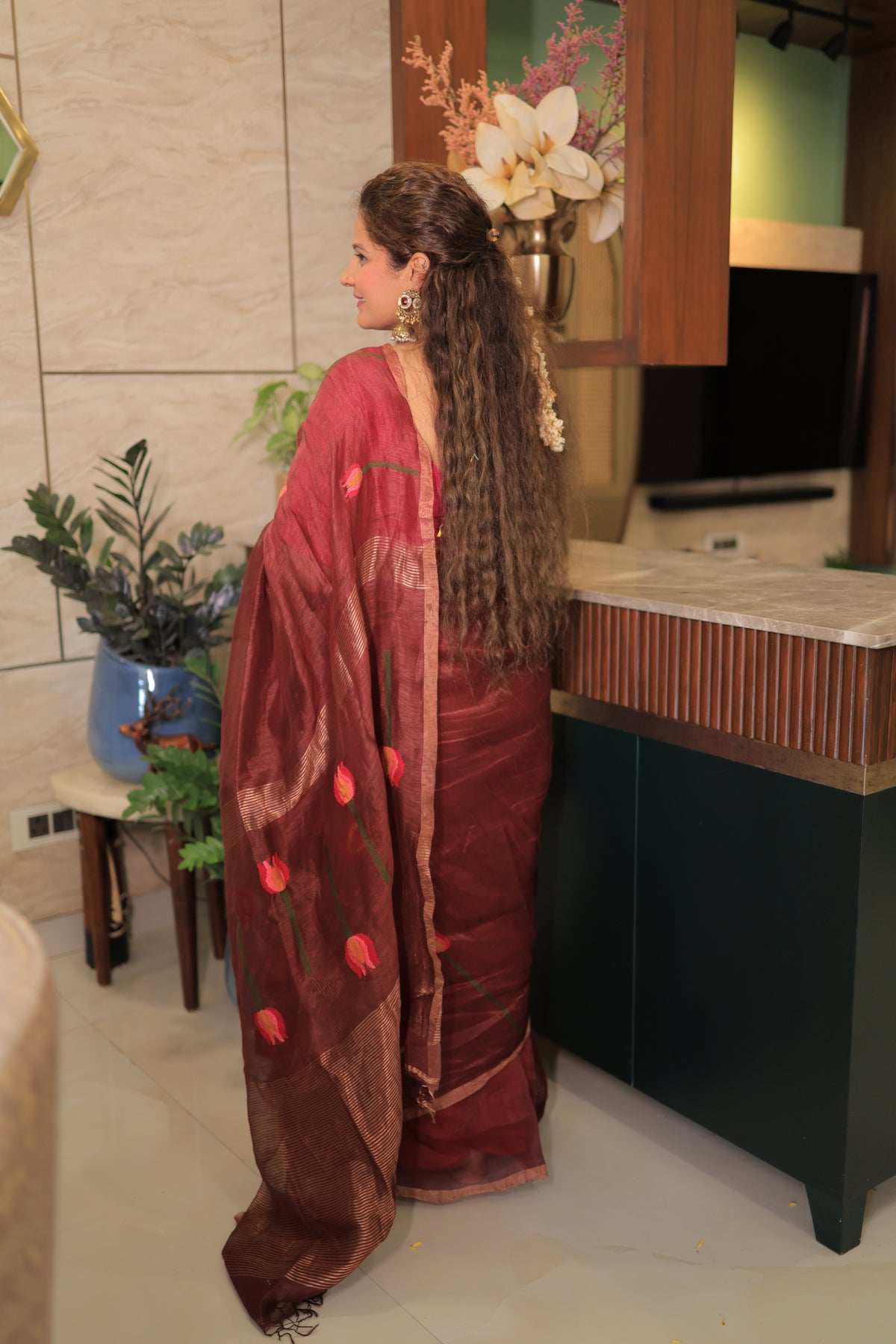 Wine Lotus Motif Silk Linen Saree