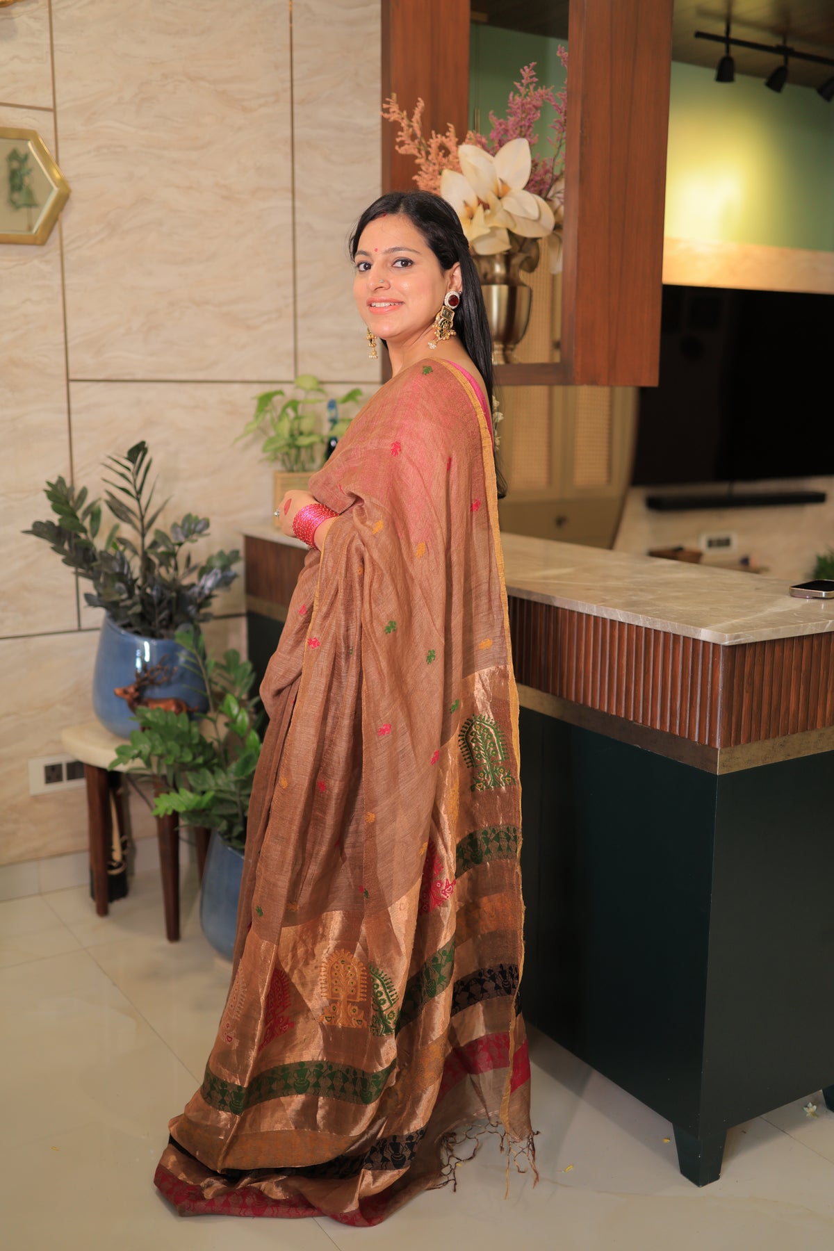 Mocha Brown Madhubani Motif Silk Linen Saree