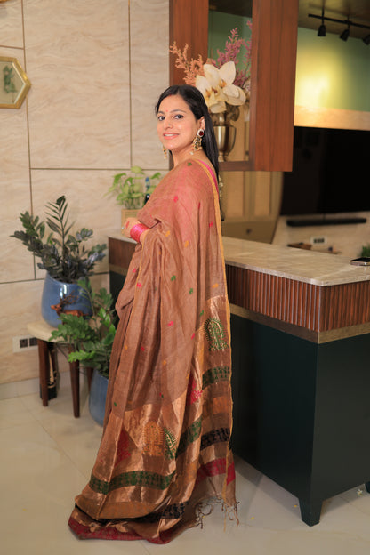 Mocha Brown Madhubani Motif Silk Linen Saree