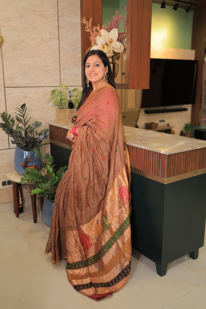Mocha Brown Madhubani Motif Silk Linen Saree
