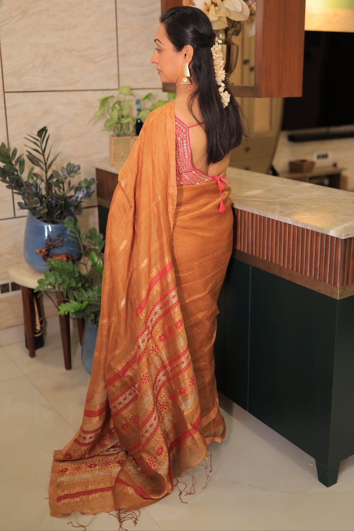 Burnt Orange Flower Zari Motif Silk Linen Saree