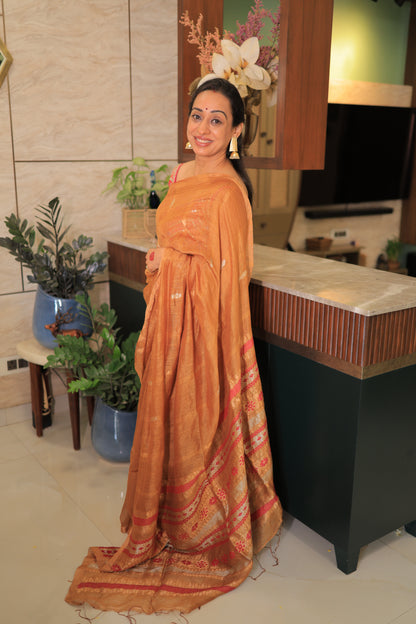 Burnt Orange Flower Zari Motif Silk Linen Saree