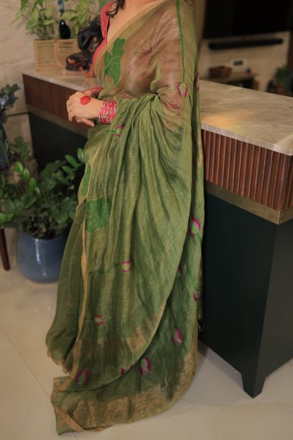 Green Lotus Motif Silk Linen Saree