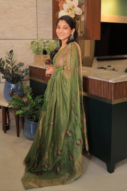 Green Lotus Motif Silk Linen Saree