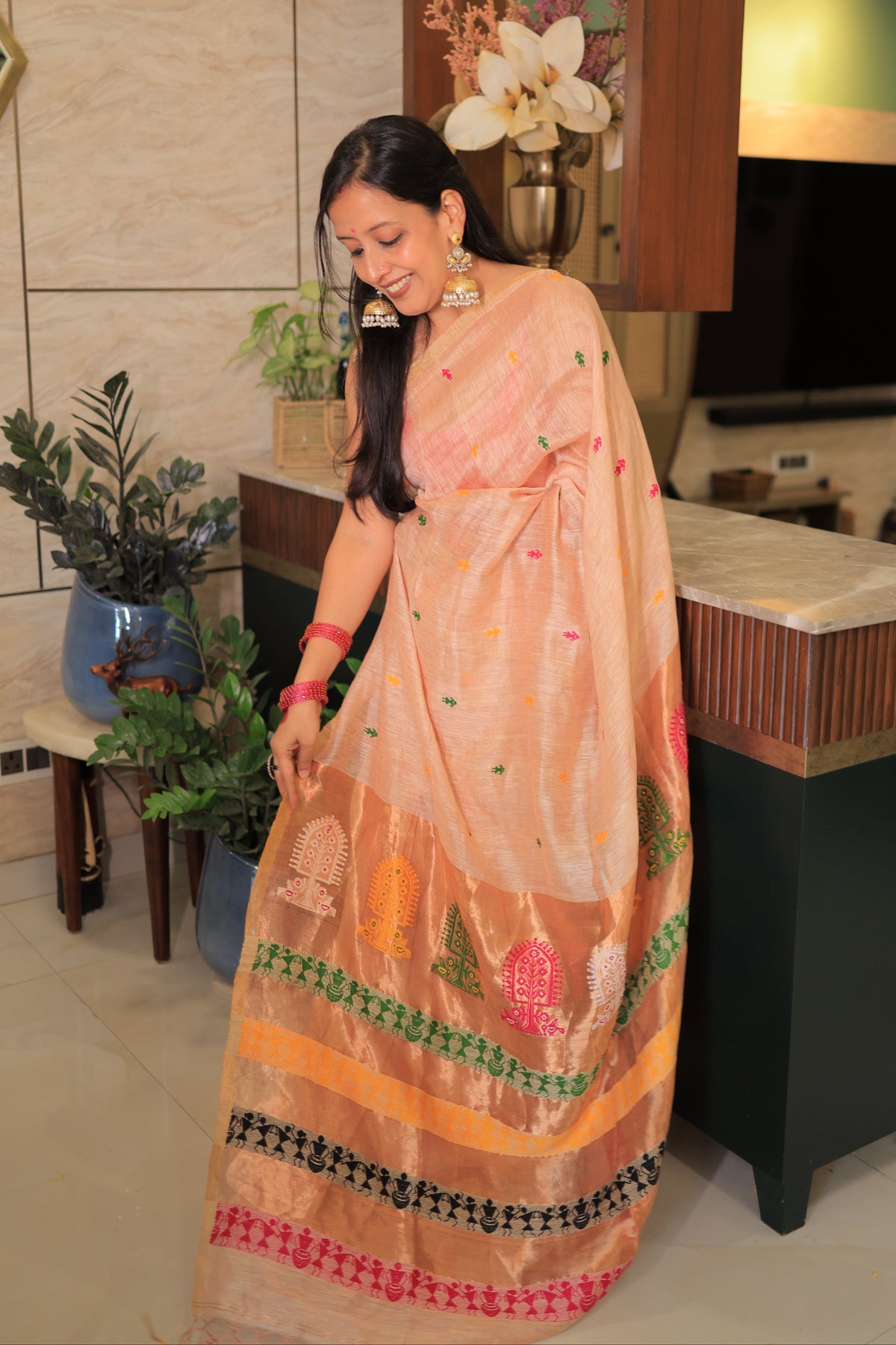 Blush Peach Madhubani Motif Silk Linen Saree