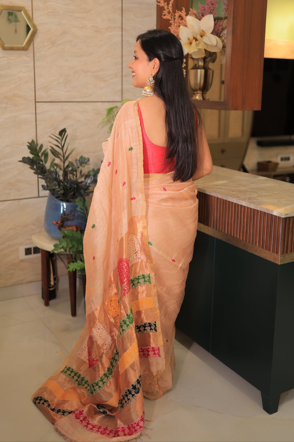 Blush Peach Madhubani Motif Silk Linen Saree