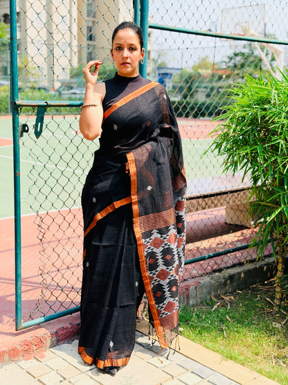 Black Pure handwoven linen saree with burfi design