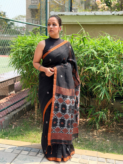 Black Pure handwoven linen saree with burfi design