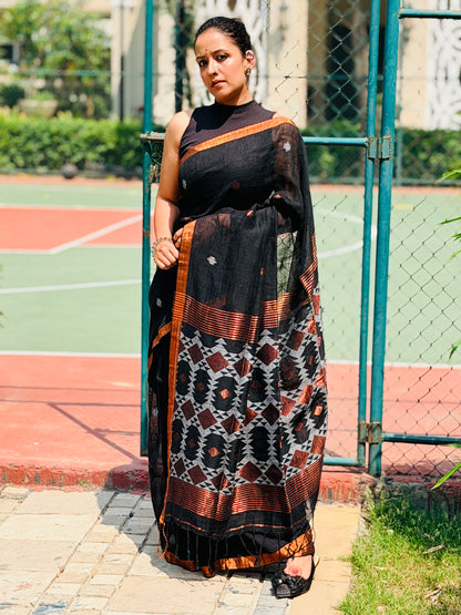 Black Pure handwoven linen saree with burfi design