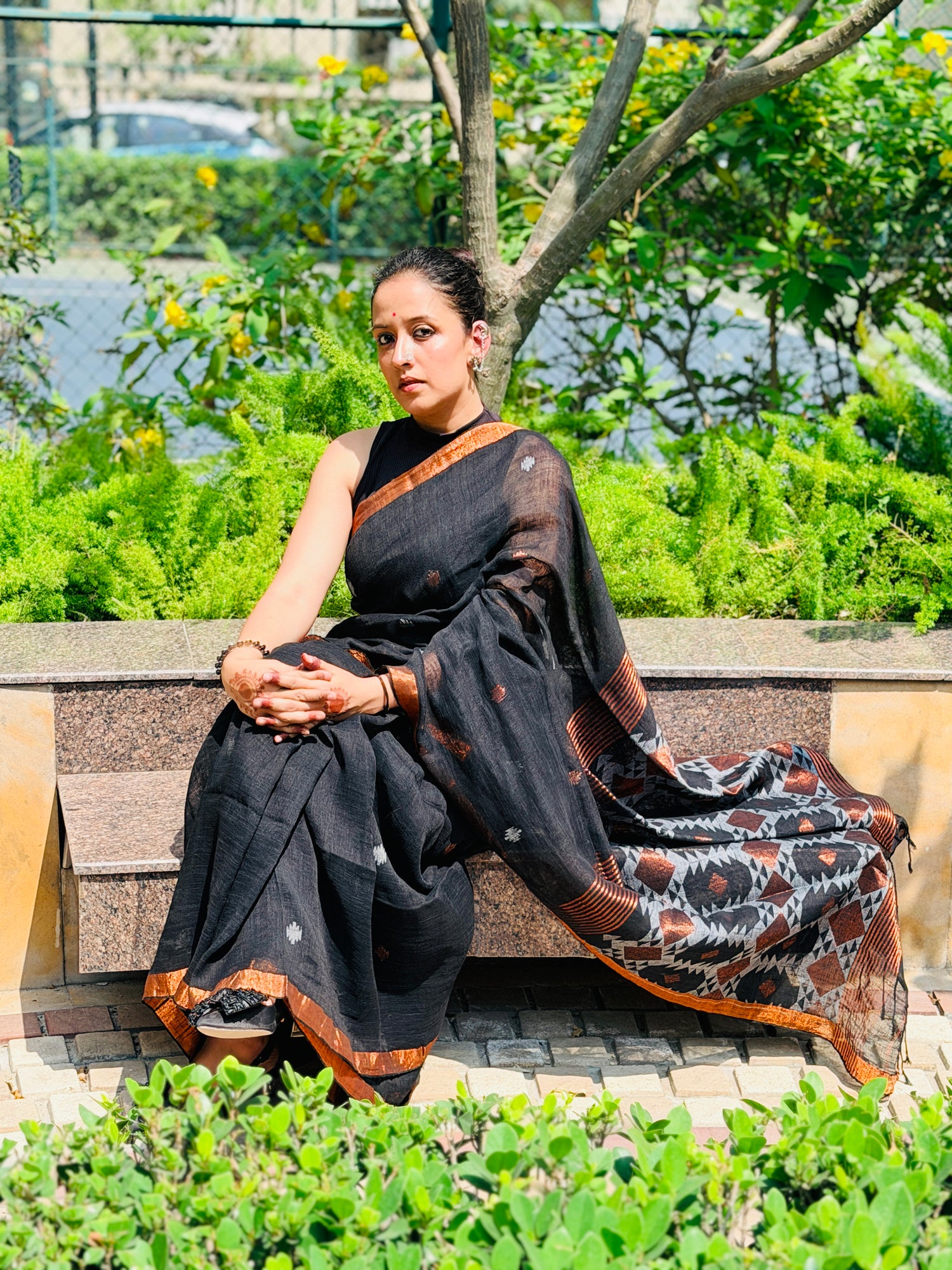 Black Pure handwoven linen saree with burfi design