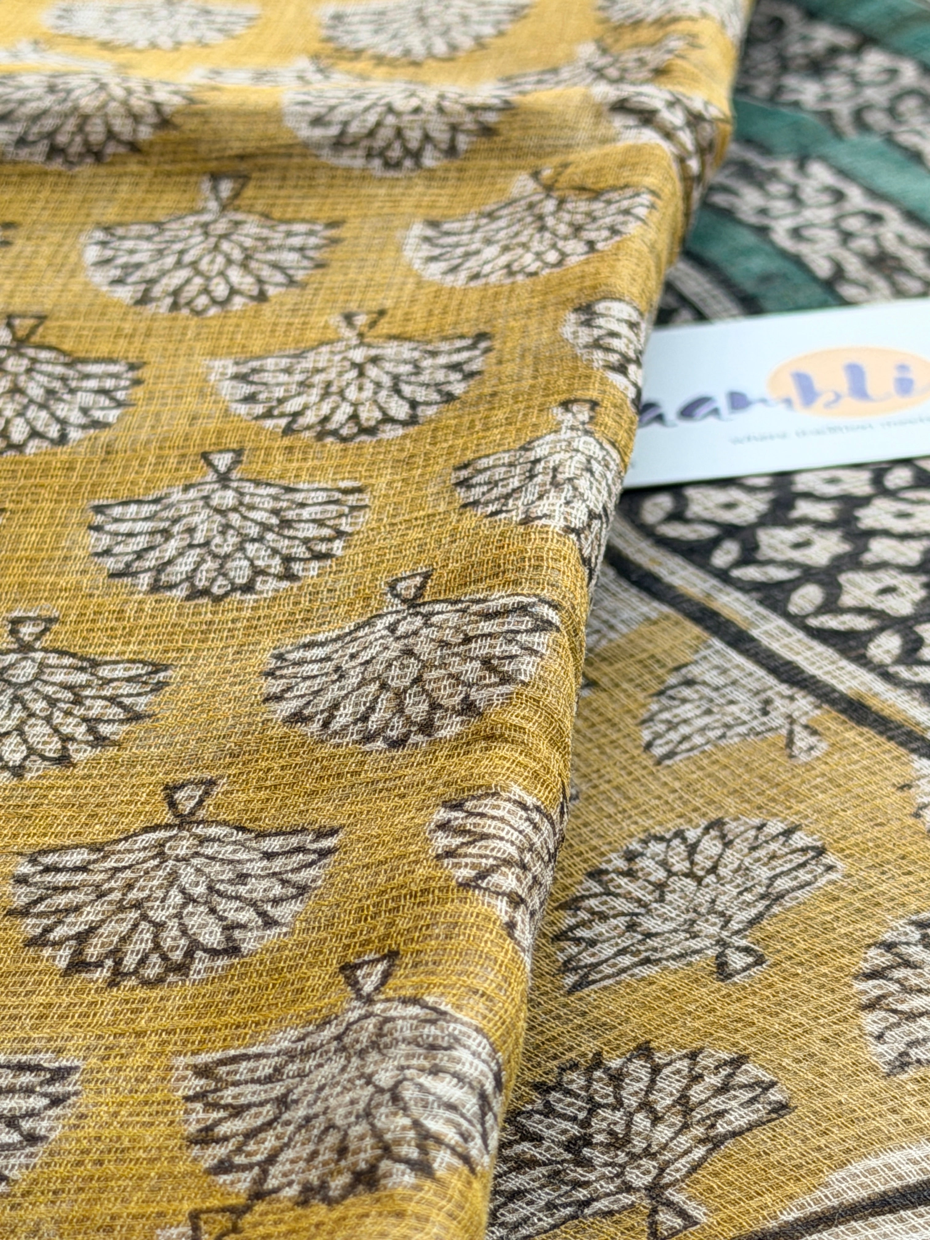 Yellow Handblock Kota doria saree