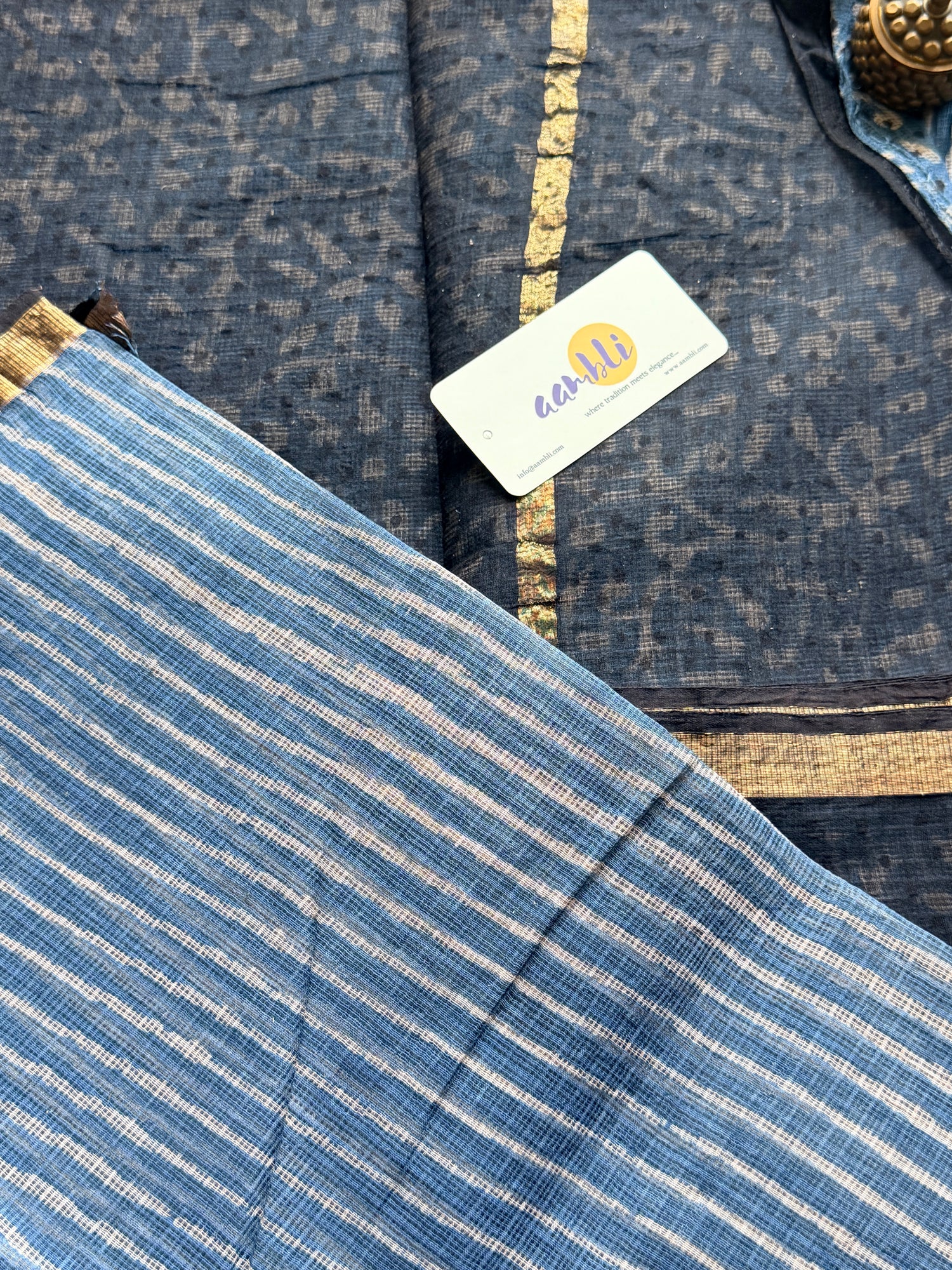 Indigo stripes Handblock Kota Doria Saree