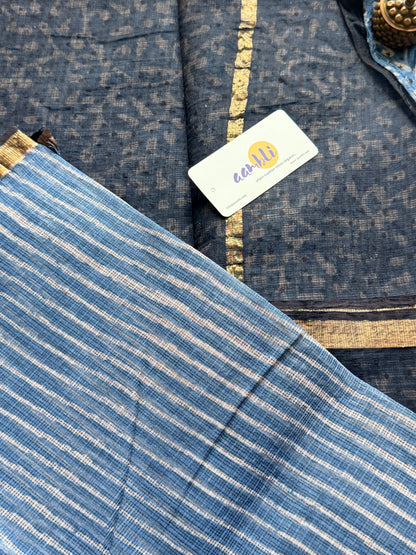 Indigo stripes Handblock Kota Doria Saree