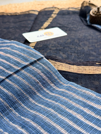 Indigo stripes Handblock Kota Doria Saree
