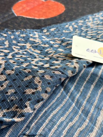 Indigo stripes Handblock Kota Doria Saree
