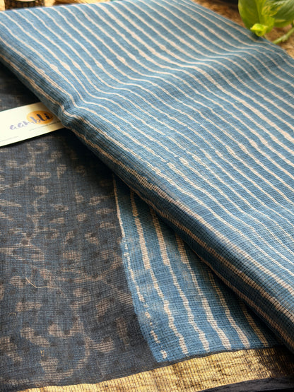 Indigo stripes Handblock Kota Doria Saree