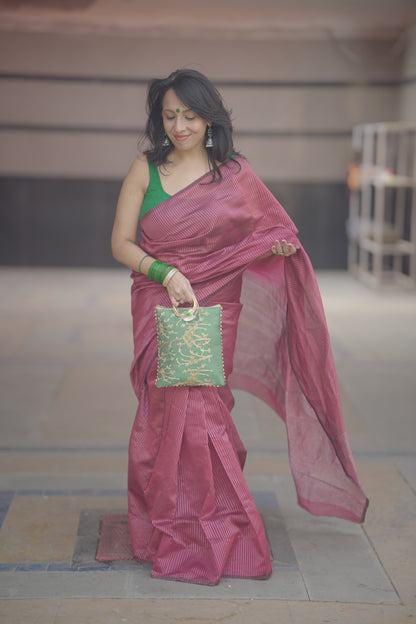 Pink Chanderi Handloom Saree with Zari Stripes