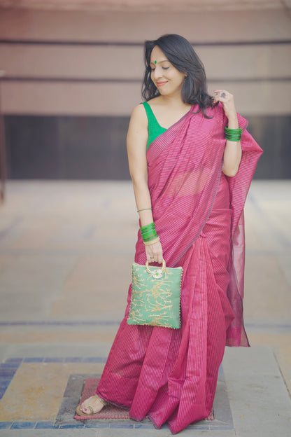 Pink Chanderi Handloom Saree with Zari Stripes